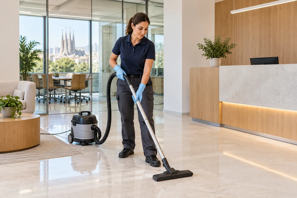 Professional vacuuming a bright reception