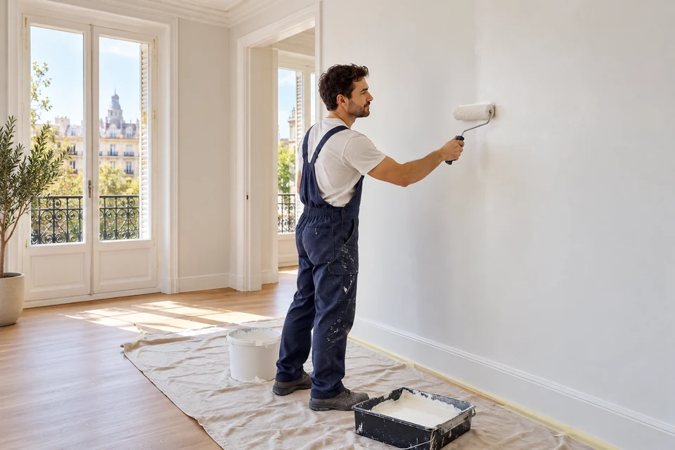 Decorator painting a wall in a bright interior