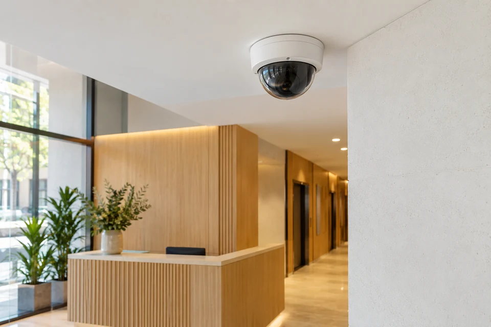 Dome CCTV camera installed in an indoor reception