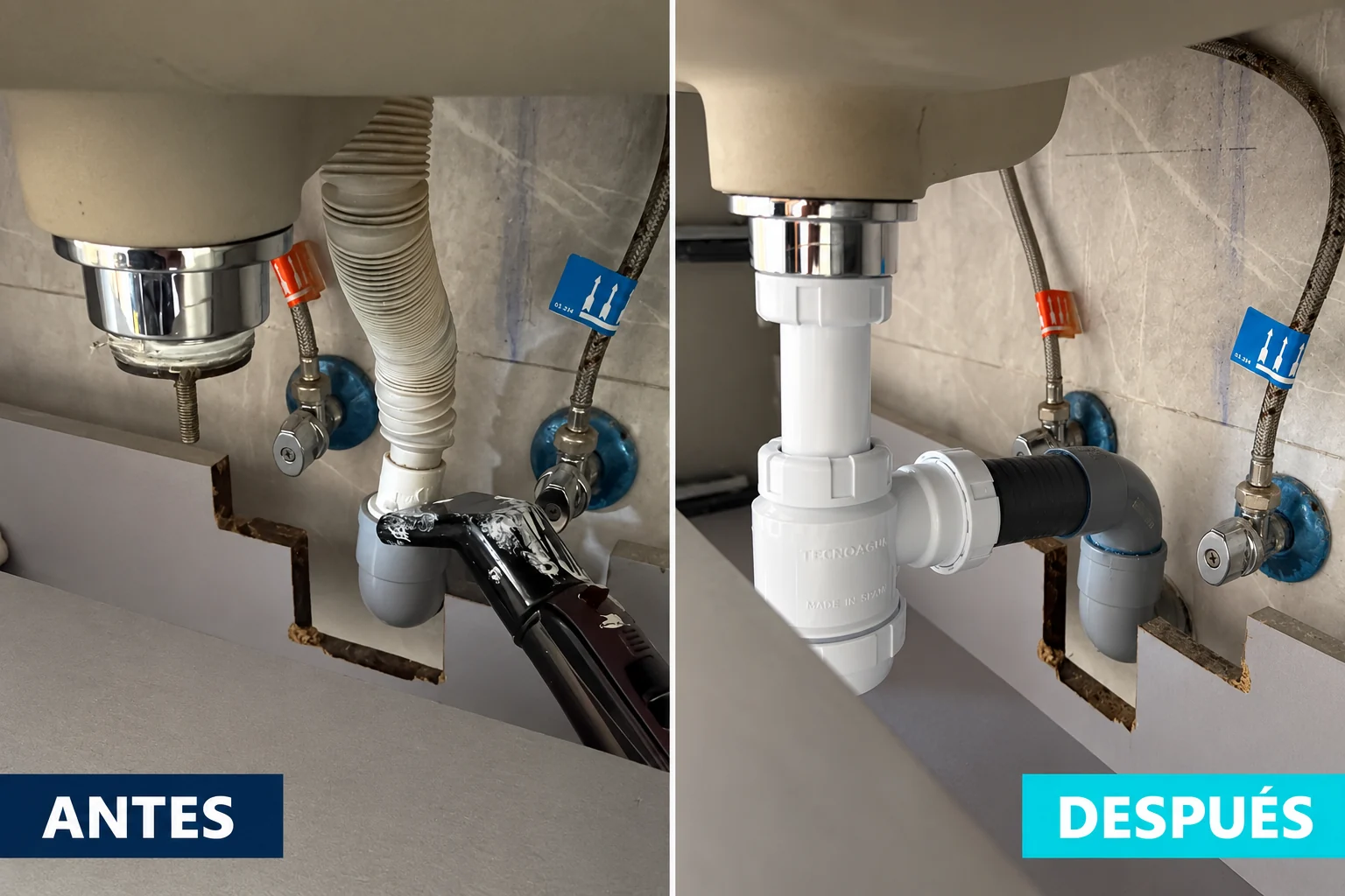 Sustitución de sifón de lavabo: antes y después