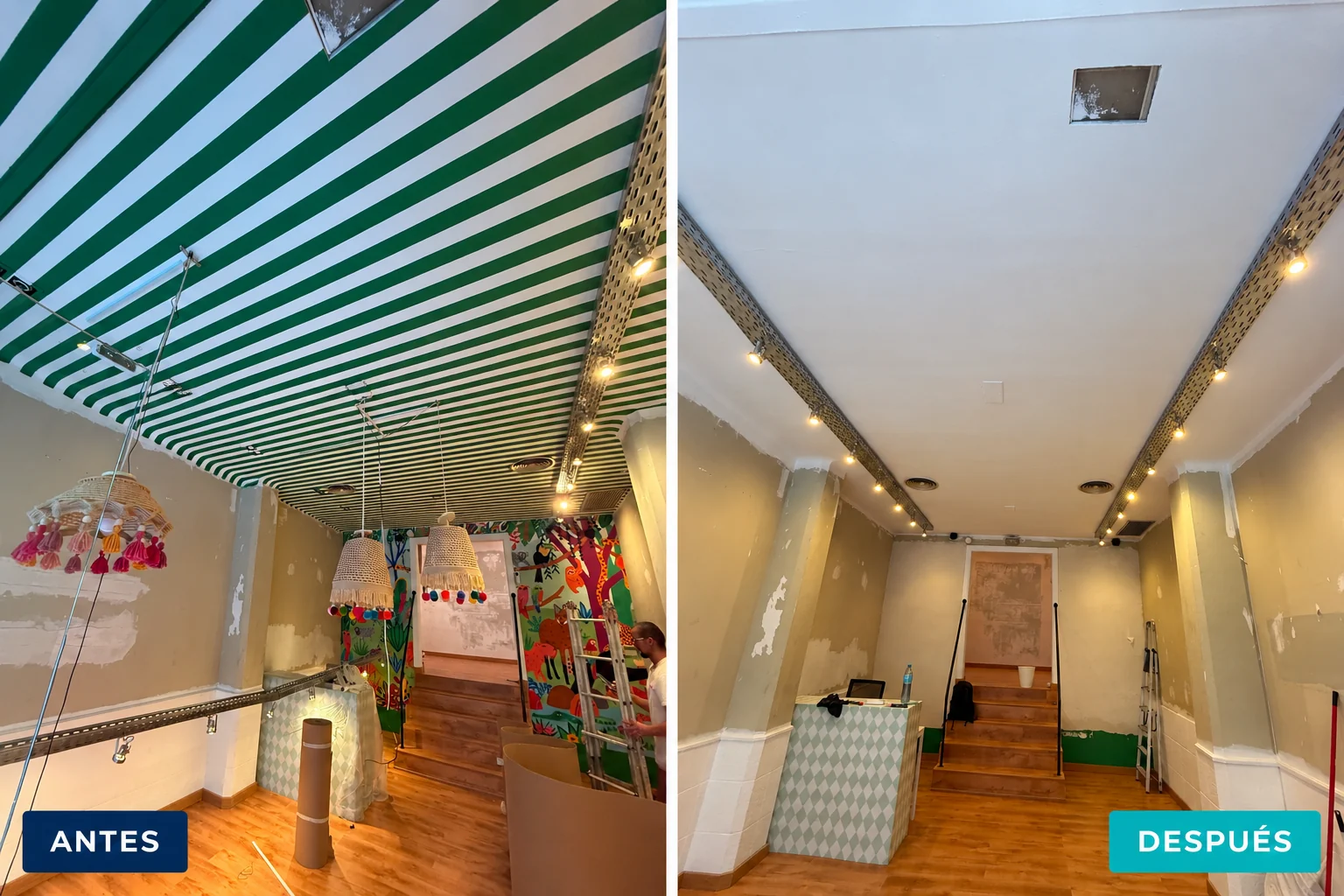 Pintura de techo en una tienda de Barcelona: antes y después